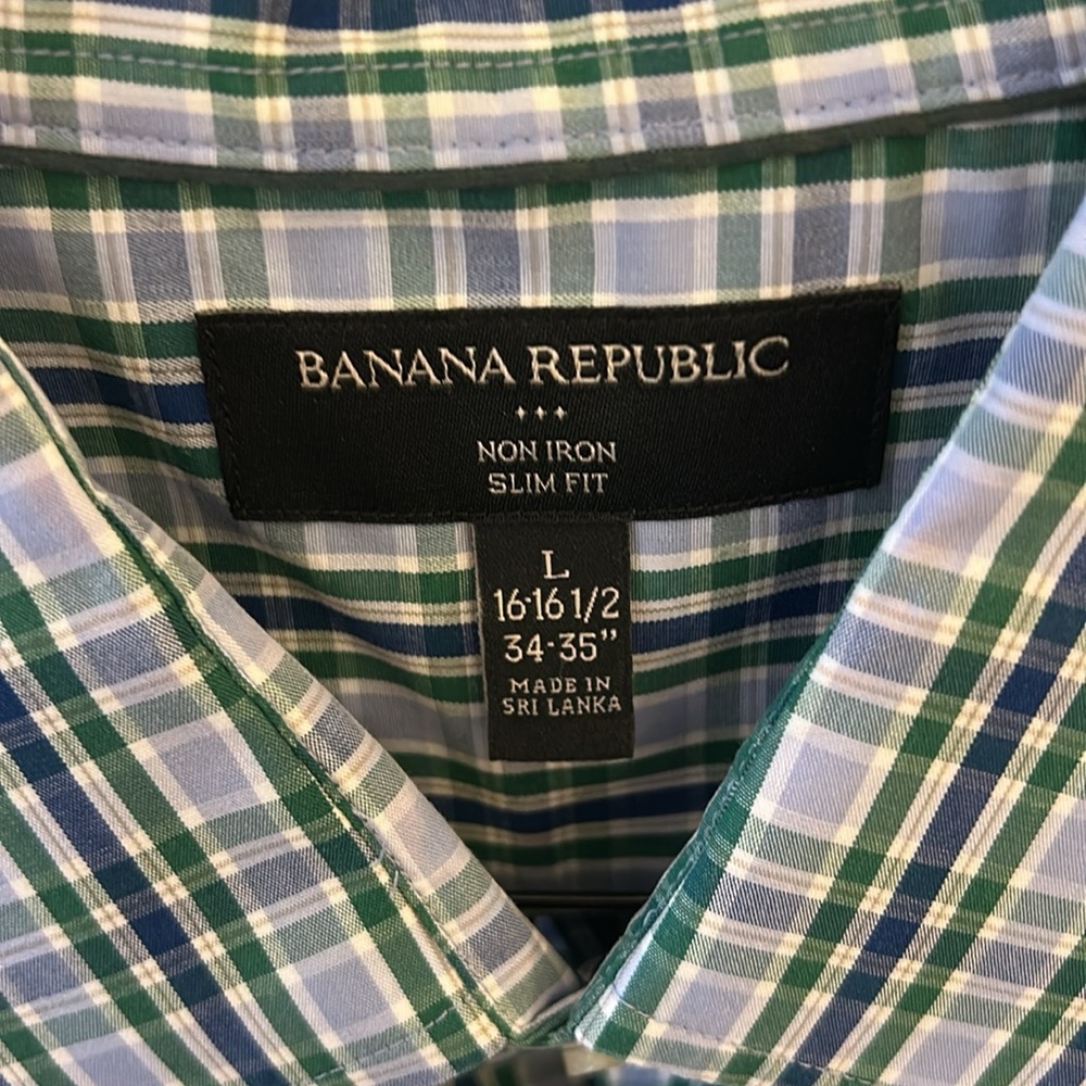Banana Republic Men's Green Plaid Long Sleeve Slim Fit Shirt L - 34/35